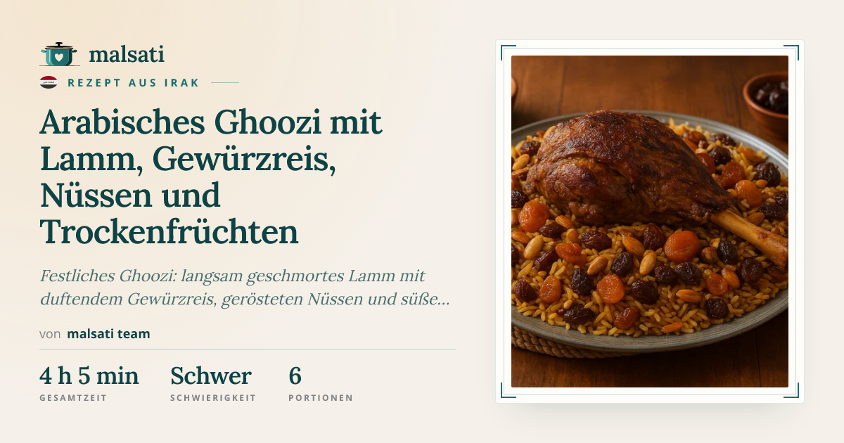 Arabisches Ghoozi mit Lamm, Gewürzreis, Nüssen und Trockenfrüchten